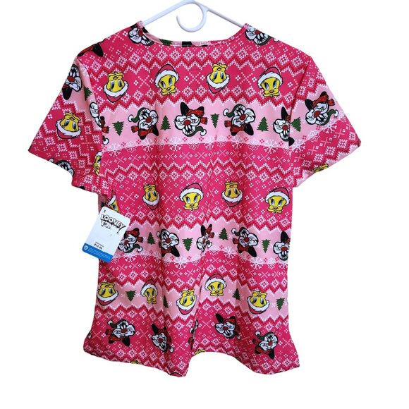 NEW Looney Tunes Tweety Bird and Sylvester the Cat Pink Christmas Scrub Top Sz M - Picture 5 of 12